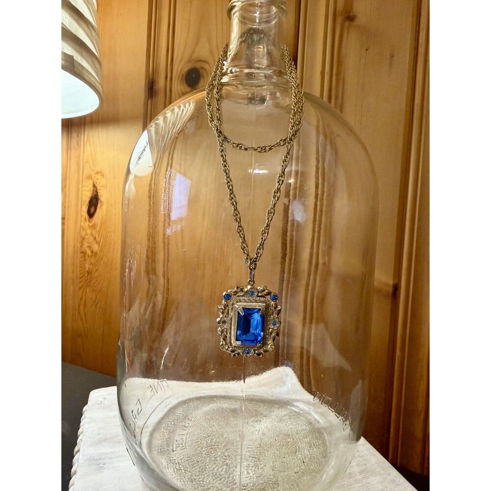 Vintage 1970s Sarah Coventry Liquid Lights Necklace, Gold Blue Emerald Pendant